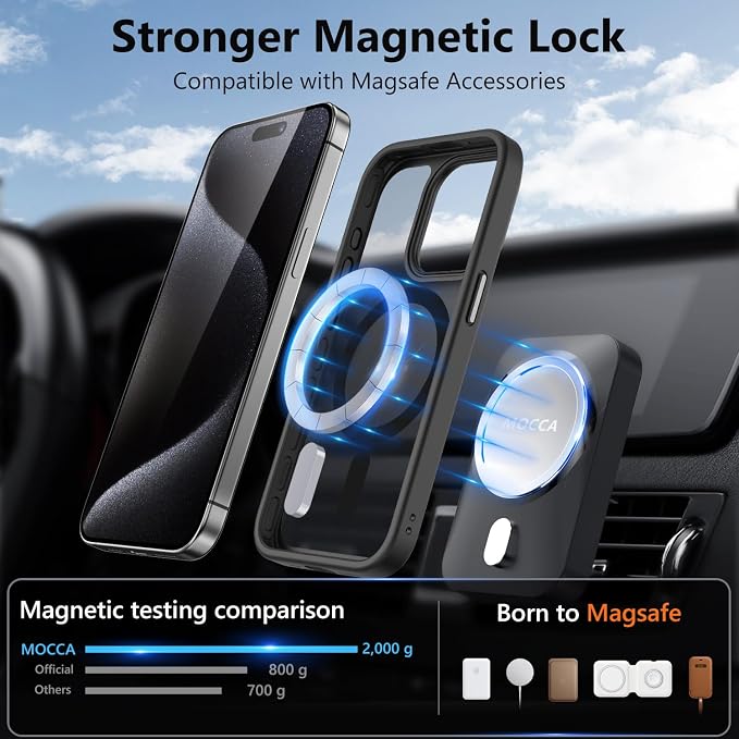 MOCCA Strong Magnetic for iPhone 15 Pro Case, [Compatible with Magsafe][13FT Military Drop Protection] Slim Translucent Matte Shockproof Case for iPhone 15 Pro Phone Case 6.1'', Black