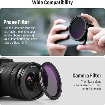 NEEWER 67mm Clip On Variable ND Filter Kit with Cold Shoe Phone Clip, Adjustable ND2-32 Filter Compatible with iPhone 17 16 15 Pro Max Plus Android Samsung Galaxy S24 S25 Ultra