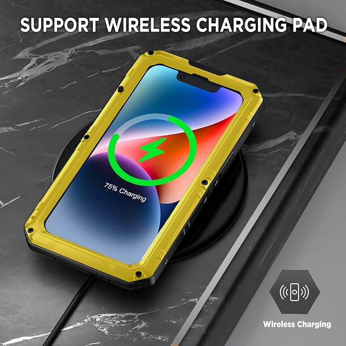 Beasyjoy for iPhone 14 Plus Case, IP68 Waterproof Metal Heavy Duty Defender Case with Built-in Screen Protector, Military Grade Full Body Protective Defender Shockproof Rugged Cover 6.7 Inch, Yellow