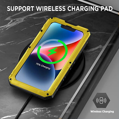Beasyjoy for iPhone 14 Plus Case, IP68 Waterproof Metal Heavy Duty Defender Case with Built-in Screen Protector, Military Grade Full Body Protective Defender Shockproof Rugged Cover 6.7 Inch, Yellow