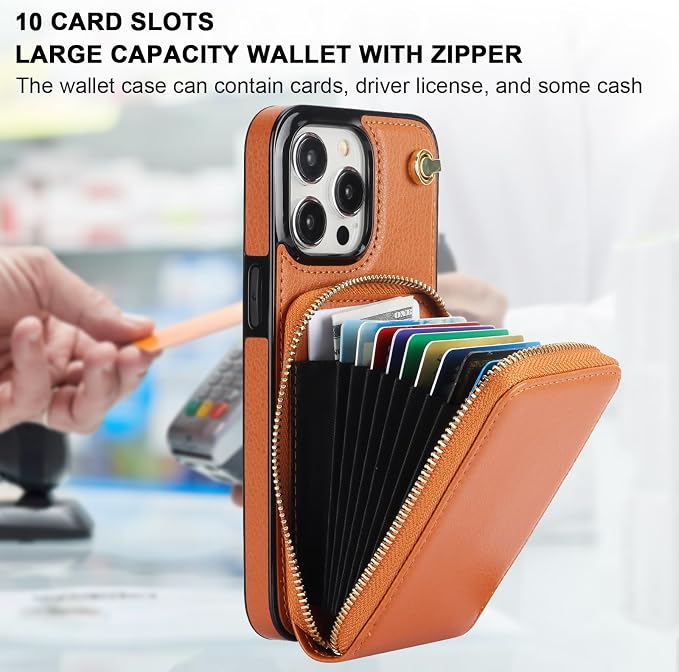 KIHUWEY Crossbody Wallet Case for iPhone 15 Pro Max, Zipper Pocket Case with Card Holder, PU Leather RFID Blocking Protective Cover with Kickstand and Detachable Wrist Strap Lanyard, 6.7" (Brown)