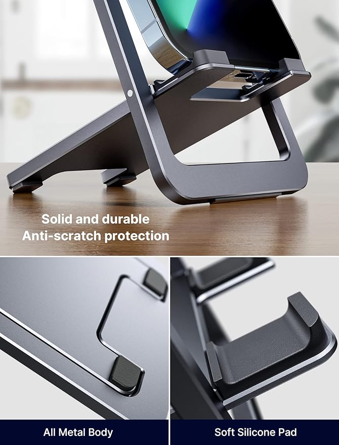 JSAUX Cell Phone Stand 2-Pack, Foldable Aluminum Adjustable Phone Holder for Desk Portable Travel Essentials Office Accessories for iPhone 17 16 15 14 13 Pro Max Samsung S25 S24 S23 Ultra Kindle-Gray