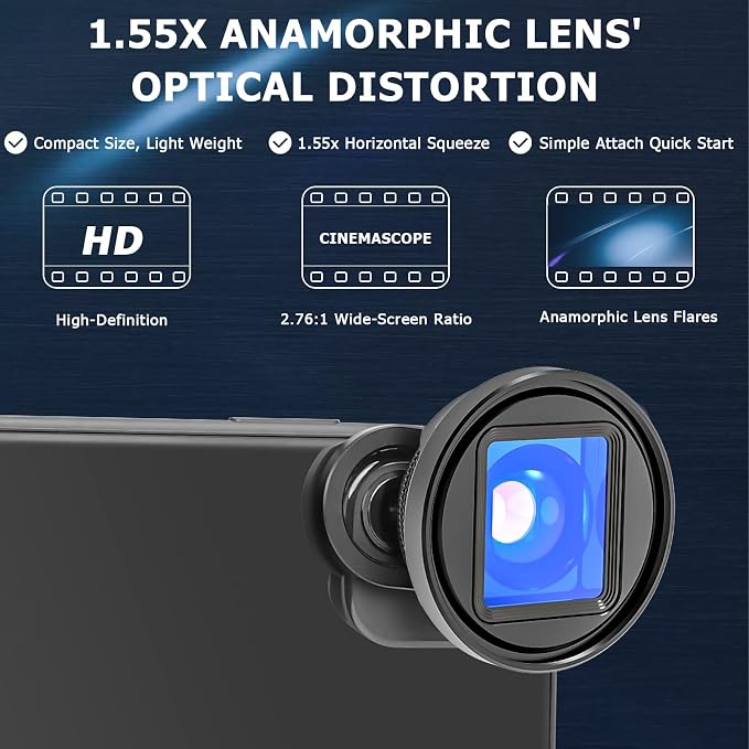 USKEYVISION 1.55X Anamorphic Lens Filmmaking 2.76:1 Ratio Lens for iPhone 15/14/13 Mini/Pro/Max Andorid Smartphone Lens Compatible w/FilmicPro FotorGear Promovie App(UVAL-1.55XS) Black