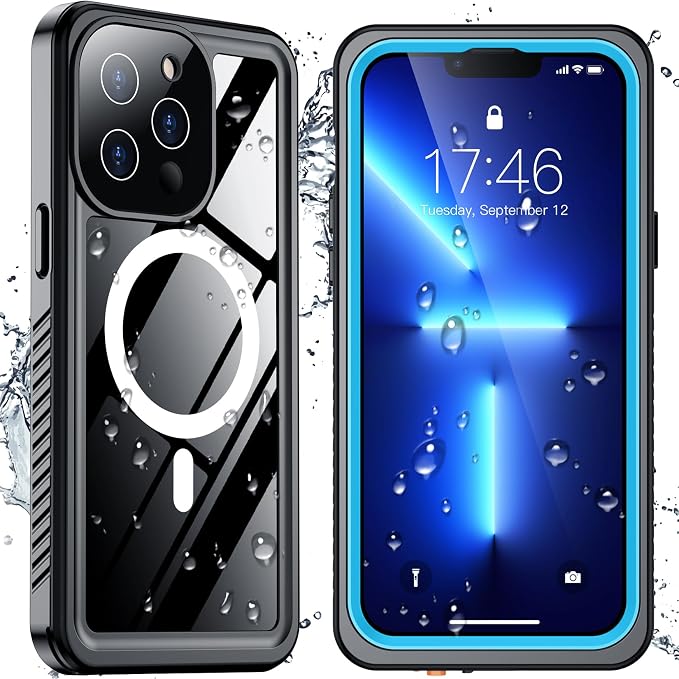 SPIDERCASE Magnetic for iPhone 13 Pro Max Case Waterproof,Built-in Screen & Camera Lens Protector[IP68 Underwater] [Military Grade Shockproof] Full Body Protection Phone Case,Blue/Clear