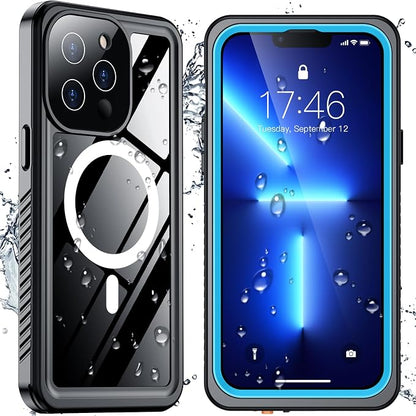 SPIDERCASE Magnetic for iPhone 13 Pro Max Case Waterproof,Built-in Screen & Camera Lens Protector[IP68 Underwater] [Military Grade Shockproof] Full Body Protection Phone Case,Blue/Clear