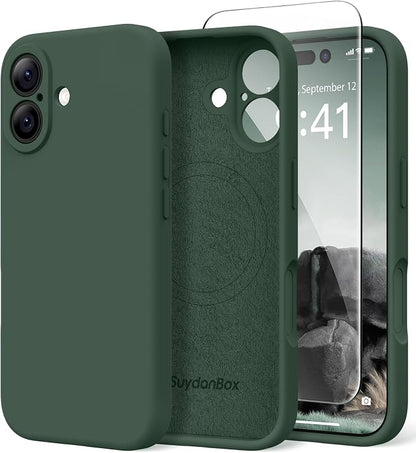 Magnetic for iPhone 16 Case, Compatible with MagSafe, [Screen Protector + Full Camera Protection], Silicone Shockproof Anti-Scratch Protective Phone Case for iPhone 16 6.1", Alpine Green