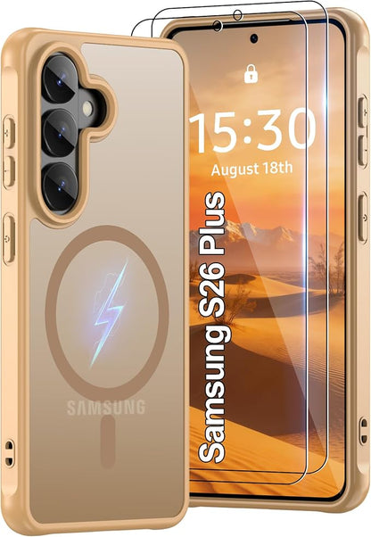 for Galaxy S26 Plus Phone Case: Compatible for Samsung S26 Plus Case [magsafe Fit] with 2PC HD Screen Protector,Frosted Translucent Soft-Touch Skin & Military-Grade Protection for S 26 Plus,Gold