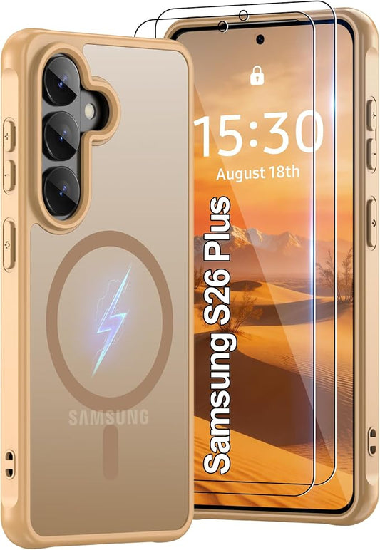 for Galaxy S26 Plus Phone Case: Compatible for Samsung S26 Plus Case [magsafe Fit] with 2PC HD Screen Protector,Frosted Translucent Soft-Touch Skin & Military-Grade Protection for S 26 Plus,Gold