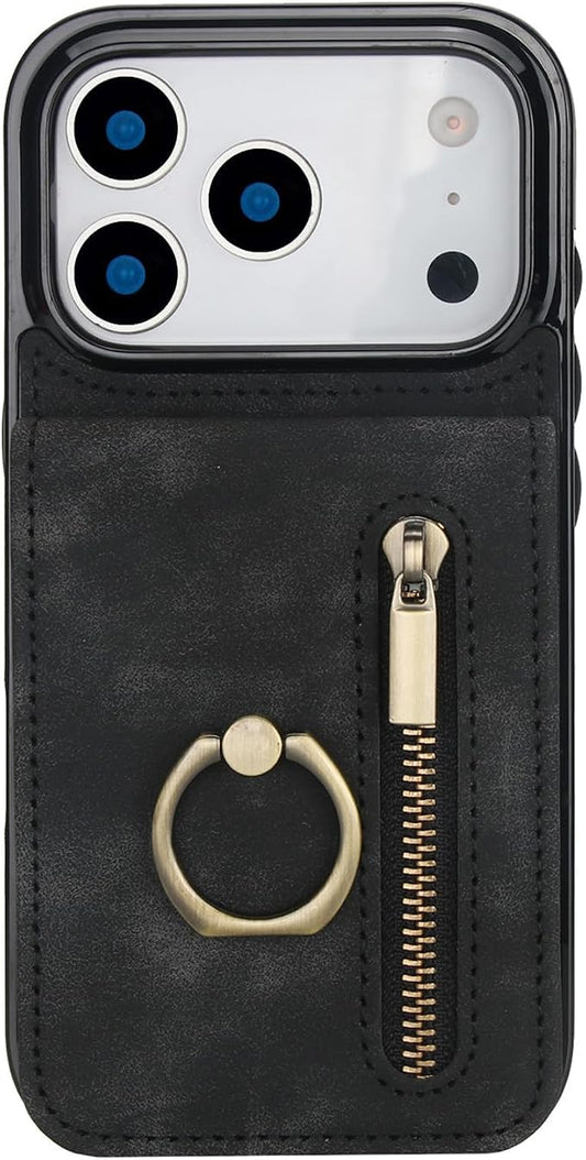 Leather Cover for iPhone 17/17 Pro/17 Air/17 Pro Max, RFID Blocking Wallet Case with Ring Stand Function Retro Anti-Fall Protection Shell,17pro max,Black