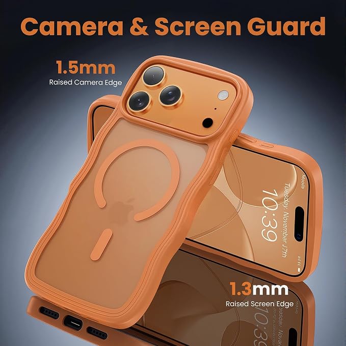 for iPhone 17 Pro Max Case Cute Orange,Fits MagSafe,Matte Skin Feeling Back,Curly Wave Edge,Slim & Durable & Stylish,Cover Military-Grade Protection