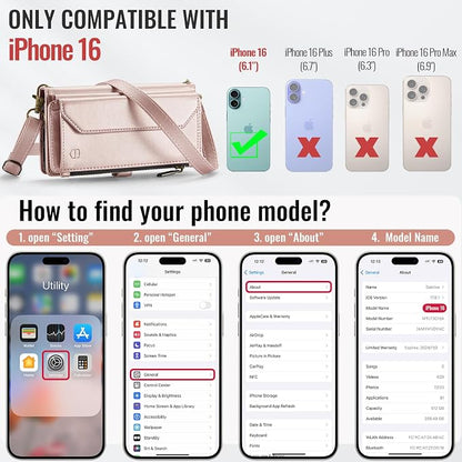 Strapurs Wallet Case Compatible with iPhone 16 6.1" RFID Blocking 7-Card Holder Soft PU Leather Magnetic Snap Shoulder Strap Zipper Pocket Phone Case Fit for iPhone 16 for Women - Rose Gold