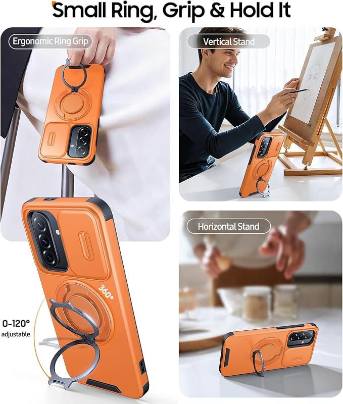 JAME for Samsung Galaxy A37/A36/A56 5G Case, Ring Holder Stand Kickstand, Slide Camera Cover, 2 Screen Protectors, Dual-Layer Shockproof Protective, Magnetic Accessory Friendly Phone Case, Orange
