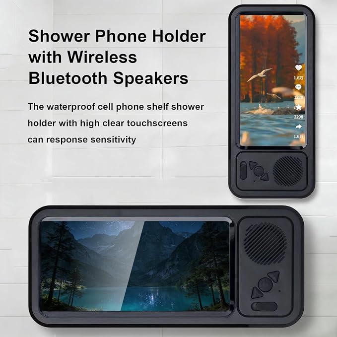 Shower Phones Holder with Speaker, Wall Mount Shower Phone Holder Waterproof, Bathroom Accessories, Waterproof Phone Case, 360° Rotation, Suction Cup Bathroom Case Mount Shelf (Black)