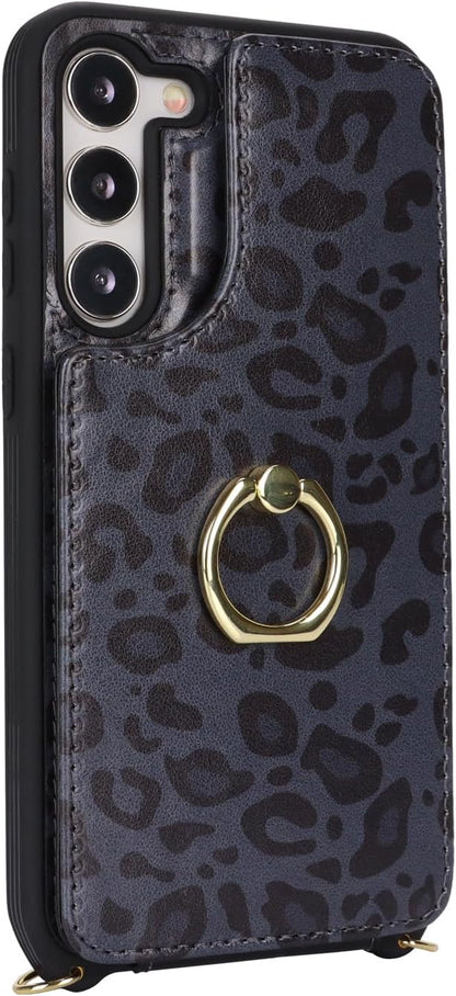 Lipvina for Samsung Galaxy S22 Case with Card Holder and Strap for Women,Crossbody Lanyard,RFID Blocking,Ring Stand,Snap Clasp,Cute Phone Wallet Cases 6.1 inch(Black Leopard)