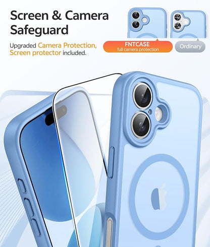 FNTCASE for iPhone 17 Case: [Compatible with Magsafe] Translucent Matte Cases with [Full Camera Protection] [Screen Protector] Military Grade Shockproof Protective Phone Cover - Light Blue