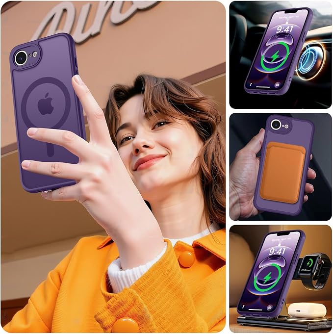 MOCCA Strong Magnetic for iPhone 17e Case/iPhone 16e Case [Compatible with Magsafe] [Full Camera Protection] Slim Translucent Matte Shockproof Phone Case for iPhone 17e / 16e 6.1", Deep Purple