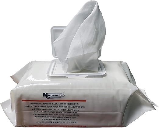 MG Chemicals 8241 IPA 70/30 Presaturated Wipes for Electronics - 140 Wipes in a Resealable Soft Pack, Clear (8241-140)