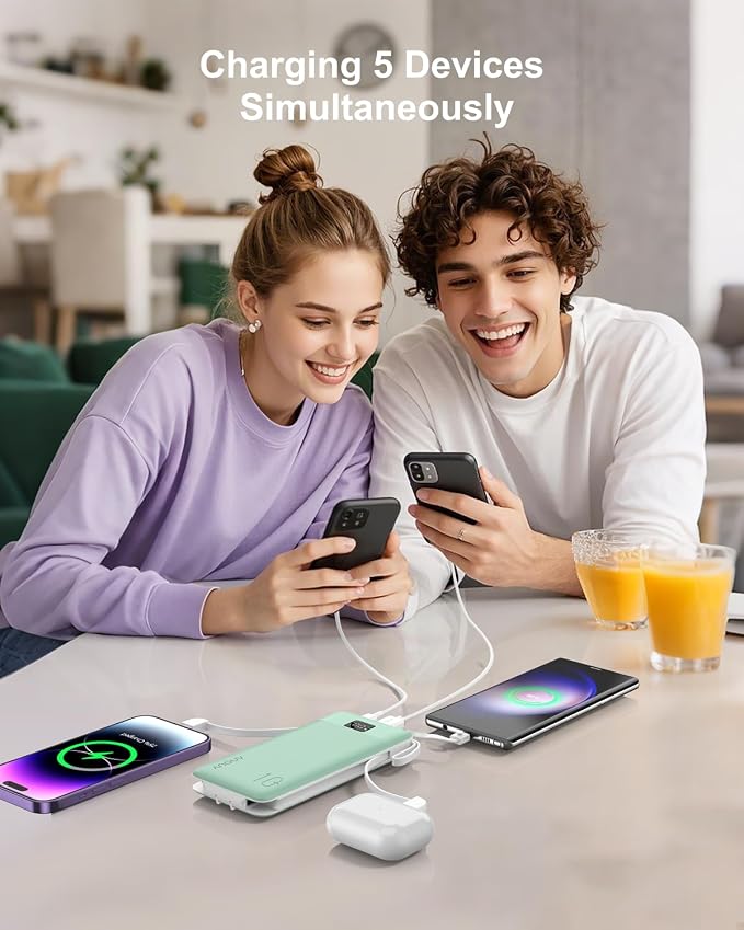 Portable Charger 10000mAh 22.5W PD 3.0+QC 4.0 Super Fast Charging Power Bank with Built-in Cables & AC Wall Plug, Slim External USB C Battery Pack for iPhone 17/16/15/14/13, Android, Samsung, iPad,etc