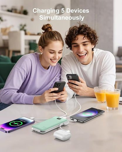 Portable Charger 10000mAh 22.5W PD 3.0+QC 4.0 Super Fast Charging Power Bank with Built-in Cables & AC Wall Plug, Slim External USB C Battery Pack for iPhone 17/16/15/14/13, Android, Samsung, iPad,etc
