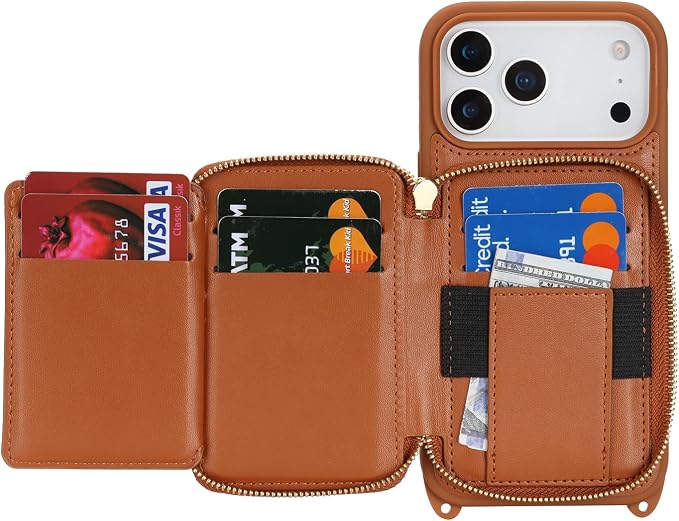 Crossbody Wallet Case for iPhone 17 Pro Max, PU Leather Zipper Handbag Purse Flip Cover, Kickstand Folio Case with Card Slots Holder Wrist Strap Lanyard 5G 6.9 Inch-Brown