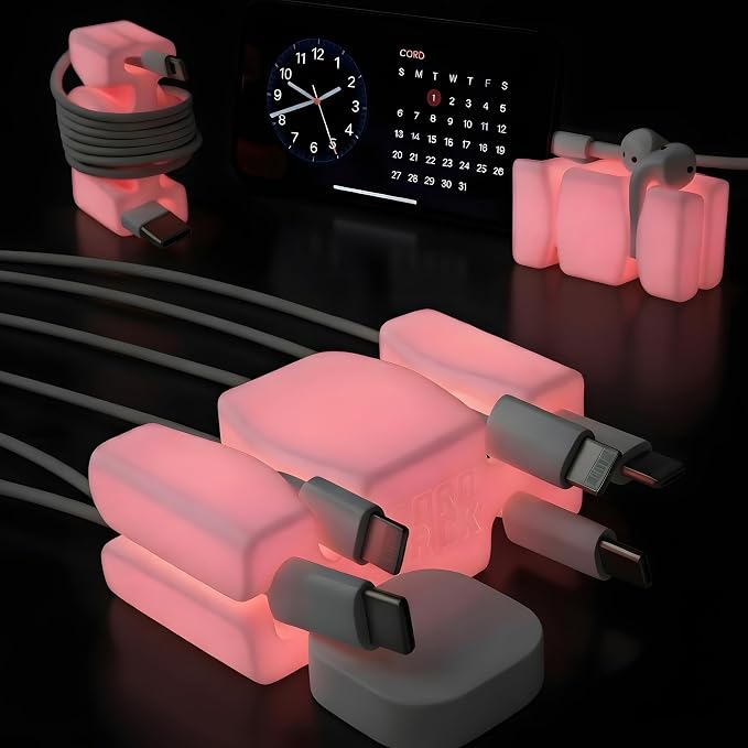 CordBrick 6PK Glowing Silicone + Steel Weighted Cable Holders for Nighstands, Cord Wraps for Travel, Unique iPhone Accessories. Small Graduation Gift for High Schoolers. Gadget for Teens. Pink Glow