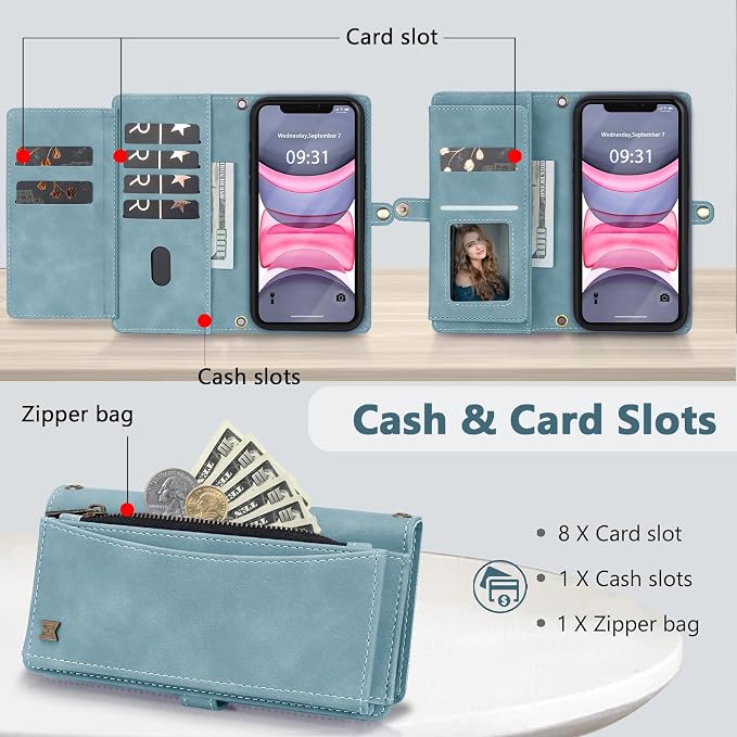 Wallet Case for iPhone 11 with Card Holder/Crossbody Wallet/Strap| RFID Blocking | Magnetic | Kickstand | Detachable | PU Leather Phone Case for iPhone 11,6.1 in,Blue