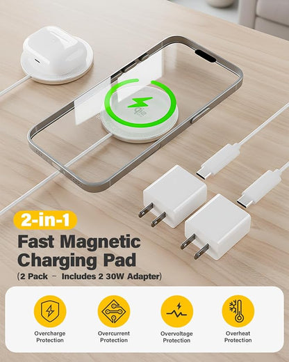 25W Magnetic Wireless Charger, 10FT Fast Charging Pad Qi2.2 Wireless Charge for iPhone 17 16 /AirPods3/2/Pro/for Galaxy S26 Ultra/Pixel 10 Series, Portable Charger for Desk& Travel(2Pack,White)