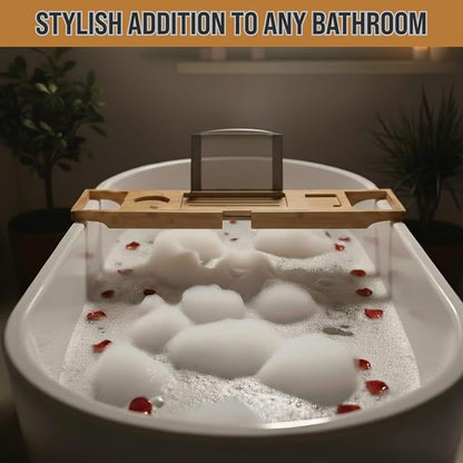 Bamboo Bathtub Tray - Wood Bath Caddy with Book, Phone, or Tablet Rest, Cup Holder, and Extended Sides for Bath Accessories by Home-Complete (Natural)