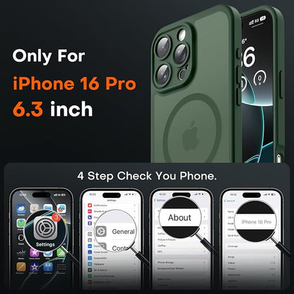 TOCOL for Phone 16 Pro Case, Compatible with Magsafe Charger, Full Camera Protection, Drop Protection, Translucent Matte Phone Case for iPhone 16 Pro 6.3 inch (Alpine Green)