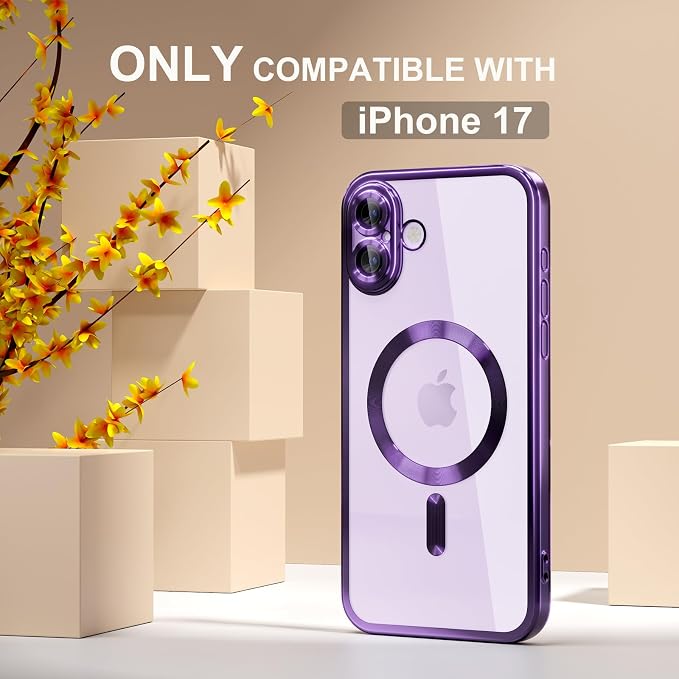 Misea Magnetic for iPhone 17 Case Compatible with MagSafe [Never Yellowing] [Military Grade Drop Protection] Full Camera Lens Protector Plating Soft Clear Phone Case for Women, Deep Purple