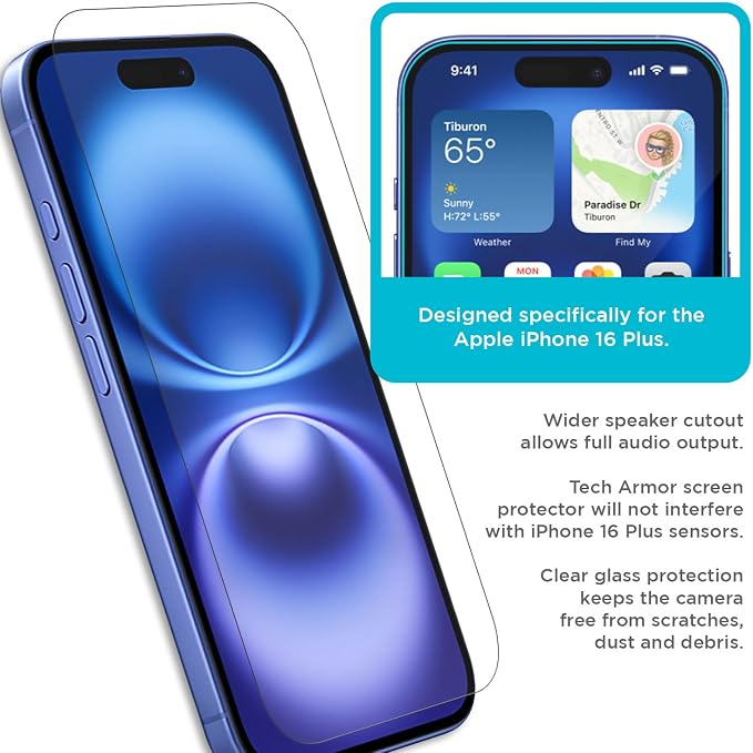 Tech Armor for iPhone 16 Plus Screen Protector Glass 6.7 inch - Ballistic Tempered, Case Friendly, Sensor Protection, HD, 9H Hardness, 3 Pack + Bonus Camera Lens Protector