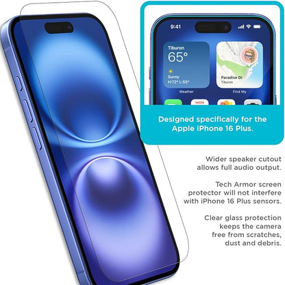 Tech Armor for iPhone 16 Plus Screen Protector Glass 6.7 inch - Ballistic Tempered, Case Friendly, Sensor Protection, HD, 9H Hardness, 3 Pack + Bonus Camera Lens Protector