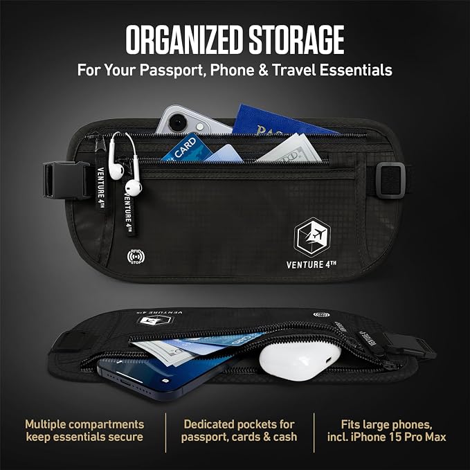 VENTURE 4TH Money Belt for Travel – Hidden Under-Clothes RFID Blocking Passport Holder & Slim Travel Wallet Pouch for Men & Women to Protect Cash, Cards & Documents (Pure Black)