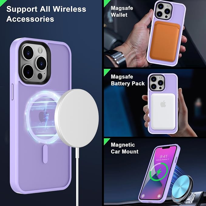 MOCCA Strong Magnetic for iPhone 13 Pro Max Case,[Compatible with Magsafe][Glass Screen Protector+Camera Lens Protector] Slim Thin Shockproof Cover Phone Case for iPhone 13 Pro Max 6.7", Light Purple