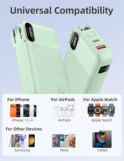 RORRY Portable Charger w/Wall Plug 10000mAh Power Bank 22.5W Battery Pack | Built in Cables, Fast Charging, for iPhone, iPad, Samsung Galaxy, Pixel, LG, Travel Essential, Digital Display, Pocket Size