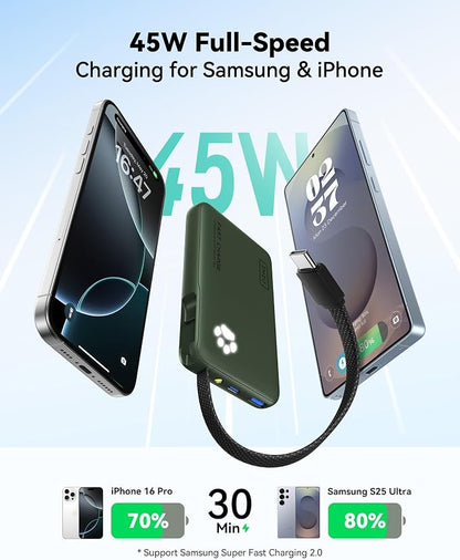 INIU 45W Power Bank, Fast Charging Portable Charger with Built-in USB C Cable, 10000mAh Small Type C Powerbank, Battery Pack for iPhone 17 16 15 14, iPad, Samsung S25 S24 etc Travel Camping, Green