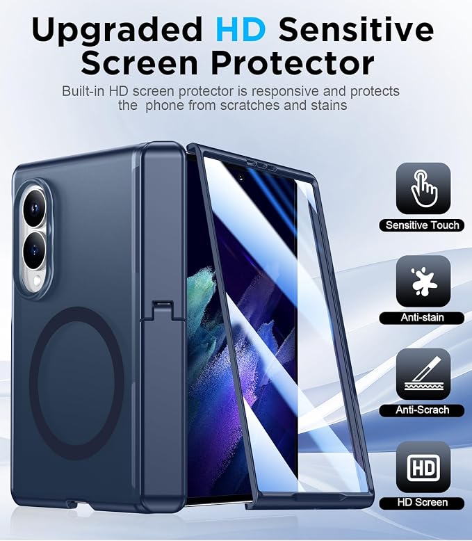 for Samsung Galaxy Z Fold 8 Case,[Compatible with MagSafe][Built-in HD Screen Protector & Kickstand][Hinge Protection] Translucent Matte Full-Body Shockproof Phone Case for Z Fold 8 Wide,Blue