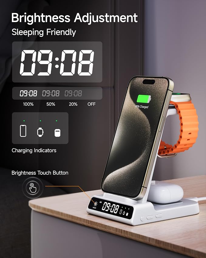 Wireless Charger for iPhone 17, 3 in 1 Charging Station for Apple Watch Watch 11/10/9/8/7/6/5, Ultra 3/SE 3, for iPhone 17/16/15/14/13/12/11/X Series, for Air Pods Pro 3/4/Pro 2/3/Pro (No Adapter)