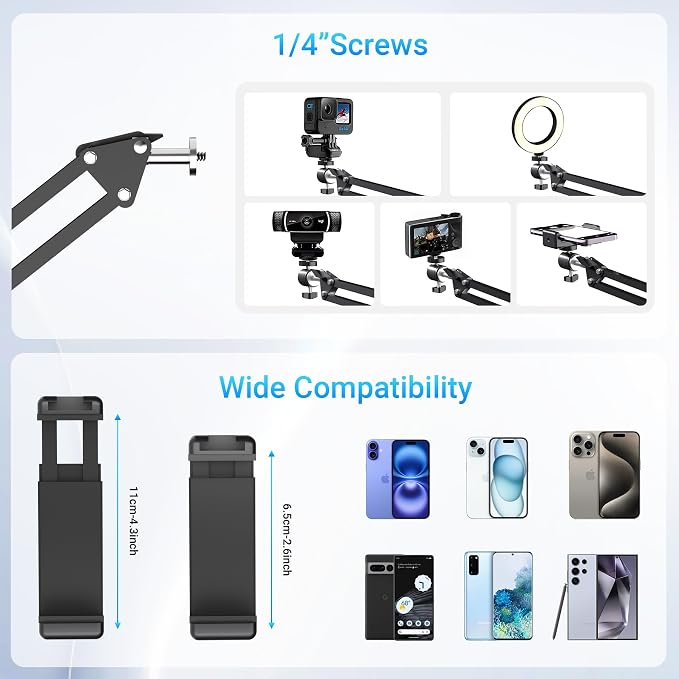 Overhead Phone Mount with Rechargeable Light for iPhone, Desk Tripod with Clamp for Content Creator Camera Recording, Top Down Holder Stand for Filming/Live/Cooking/Unboxing/Drawing/YouTube/TikTok