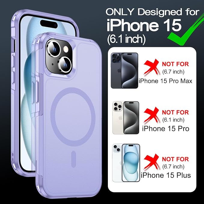 MOZOTER Magnetic for iPhone 15 Case with [2 Pcs Glass Screen Protector],[15 FT Shockproof][Compatible with Magsafe][Heavy Duty] iPhone Case for iPhone 15,Light Purple