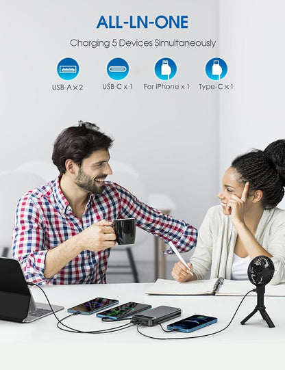 Nusyddy Portable Charger 12000mAh 22.5W w/Built-in Cables & Wall Plug Black | 22.5W Fast Charging, LED Display, Pass Through Charging, TSA Approved, Portable & Slim, Power Bank for iPhone, iPad, Samsung