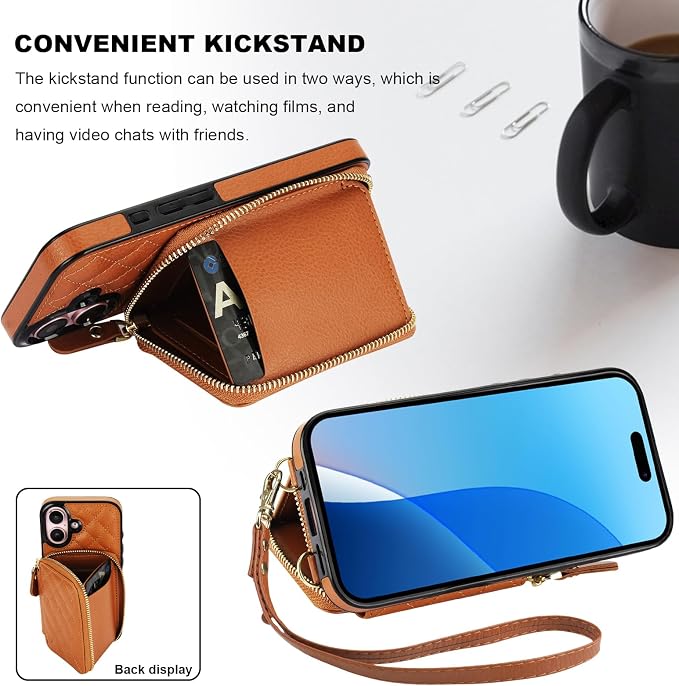 Bocasal Crossbody Wallet Case for iPhone 16, RFID Blocking PU Leather Zipper Handbag Purse Flip Cover, Kickstand Folio Case with Card Slots Holder Wrist Strap Lanyard 5G 6.1 Inch (Brown)