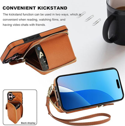 Bocasal Crossbody Wallet Case for iPhone 16, RFID Blocking PU Leather Zipper Handbag Purse Flip Cover, Kickstand Folio Case with Card Slots Holder Wrist Strap Lanyard 5G 6.1 Inch (Brown)