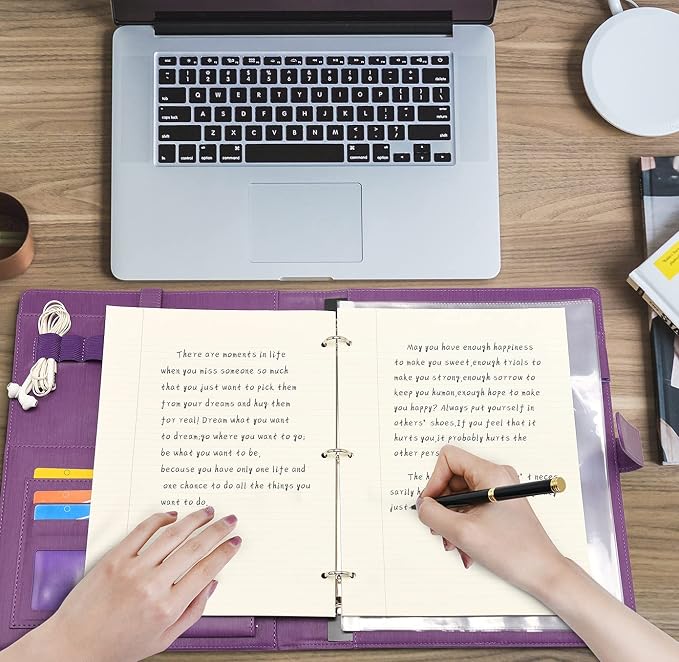 Wonderpool A4 PU Leather Portfolio Holder Ring File Document Case with Removable Binder Clipboard, Multi Pocket and Legal Pad for Business Organizer Interview and Meeting (Purple)