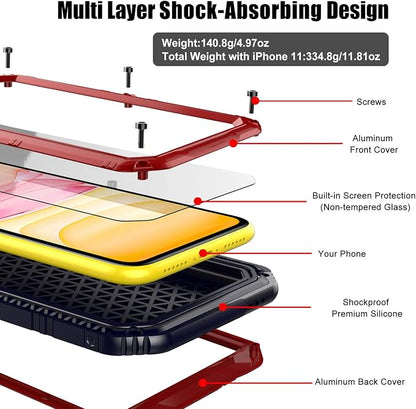 Beasyjoy for iPhone 11 Heavy Duty Waterproof Metal Case - Full Body Protective Shockproof Dustproof Military Grade Rugged Defender Outdoor Case (Red)