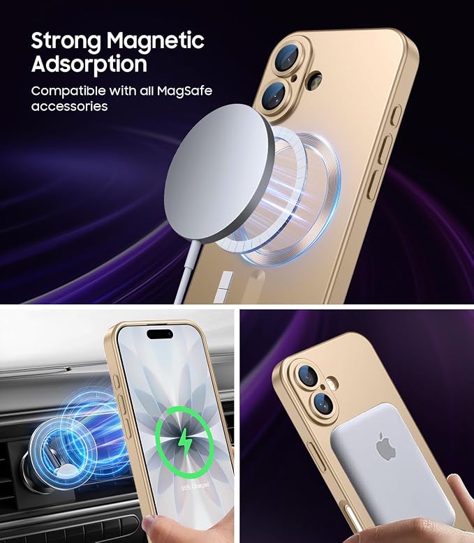 Magnetic for iPhone 17 Case [Compatible with MagSafe][Built-in Camera Lens Protector] Slim Thin Soft Silicone Bumper Shockproof Metallic Luster Phone Case (Gold)