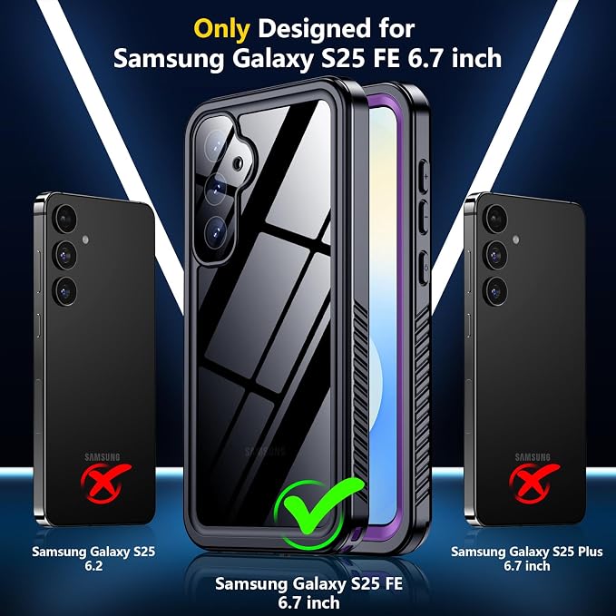 SPIDERCASE Designed for Samsung Galaxy S25 FE Case Waterproof,Built-in Screen & Camera Lens Protector[IP68 Underwater][Military Grade Shockproof] Full Body Protection Phone Case,Purple/Clear