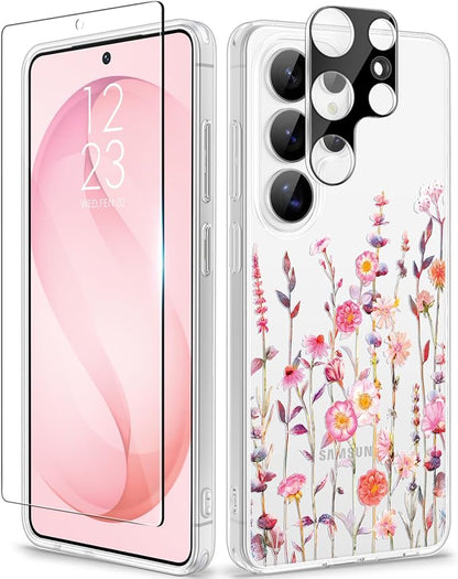 GVIEWIN for Samsung Galaxy S26 Ultra Case, Clear Floral Slim Shockproof Protective Women Phone Case, Non-Yellowing, with Screen Protector & Camera Lens Protector for S26 Ultra 6.9", Floratopia/Orange