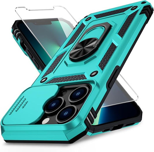 Weycolor for iPhone 13 Pro Case with Camera Lens Cover, HD Screen Protector, 10 FT Military Grade Drop Protection, Magnetic Ring Holder Kickstand Protective Phone Case for iPhone 13 Pro, Ice Green