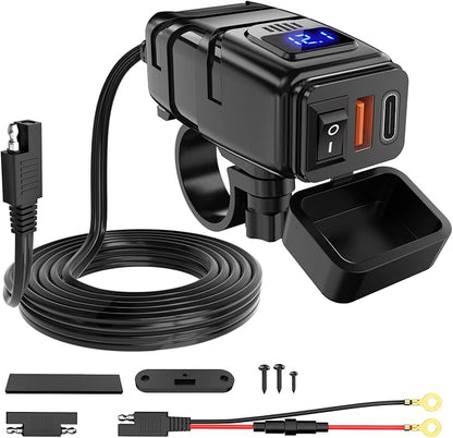 Nilight Motorcycle USB Type C Port 12V Voltmeter Independent On Off Switch SAE Inline 10A Fuse Waterproof 6.8A QC3.0 Fast Phone Tablet for 7/8inch Handlebar